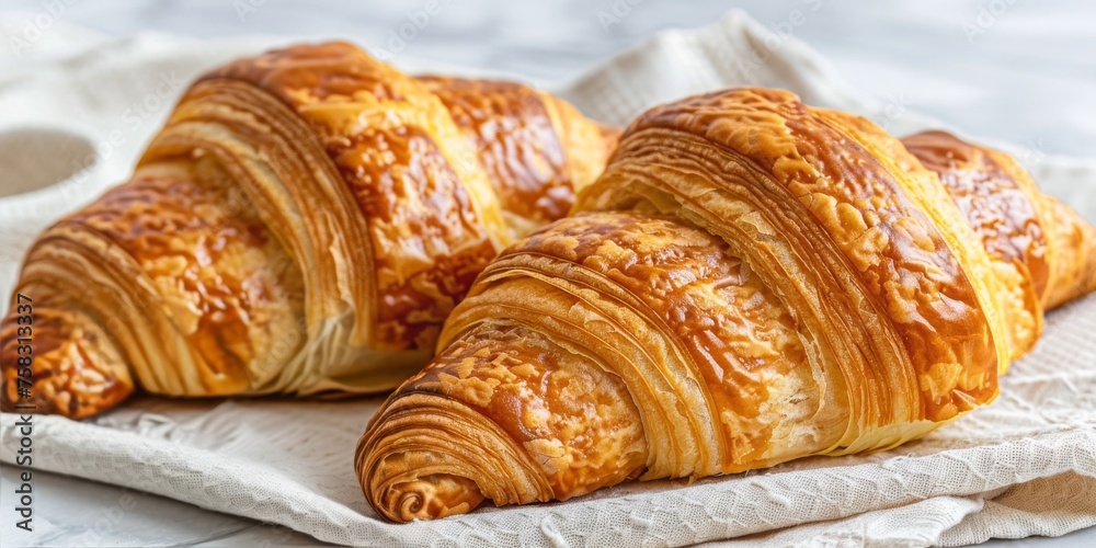 Golden Morning Delight: A Freshly Baked, Flaky Croissant Exudes the Essence of French Culinary Artistry, Perfect for a Gourmet Breakfast Treat, Generative AI