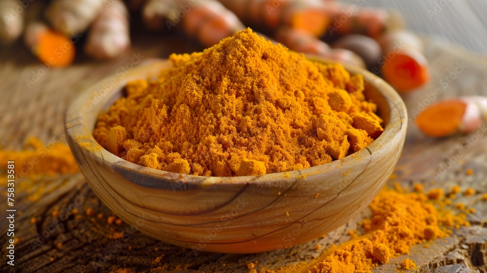 Vibrant tones of turmeric radiating warmth and vitality on a dark background. Turmeric in golden yellow color of exotic spice and intense flavor. Vibrant tones of turmeric radiating warmth and vitality on a dark background. Turmeric in golden yellow color of exotic spice and intense flavor.