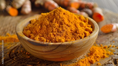 Vibrant tones of turmeric radiating warmth and vitality on a dark background. Turmeric in golden yellow color of exotic spice and intense flavor.