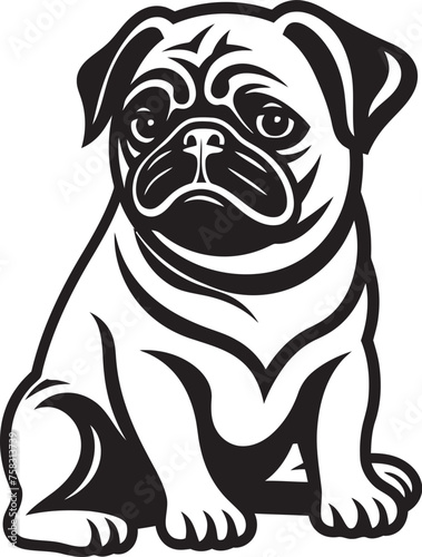 "Pug Playdate: Playful Dog Symbol in Black" "Pug Posse: Adorable Cartoon Pug Emblem in Black"