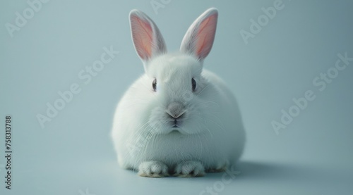 White Rabbit Sitting on Blue Floor © olegganko