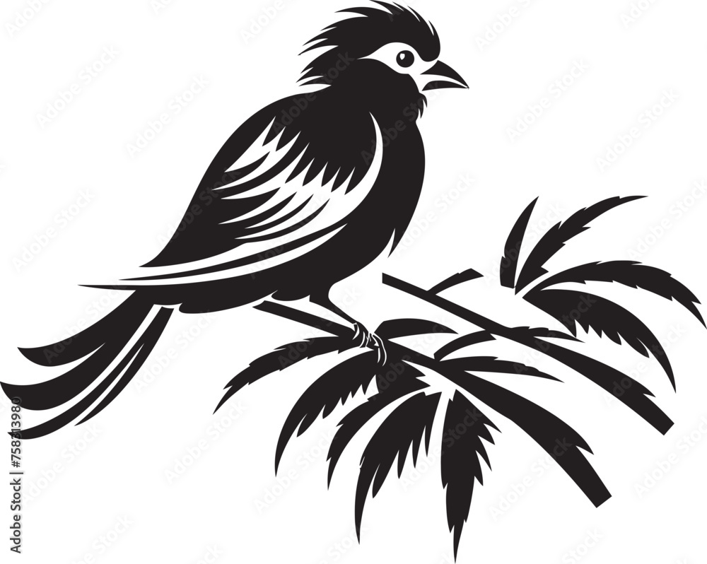 Naklejka premium Radiant Avian Majesty: Cute Tropical Bird on Branch Black Logo Vector Design Tranquil Jungle Elegance: Tropical Bird Perched on Branch Vector Black Logo Icon