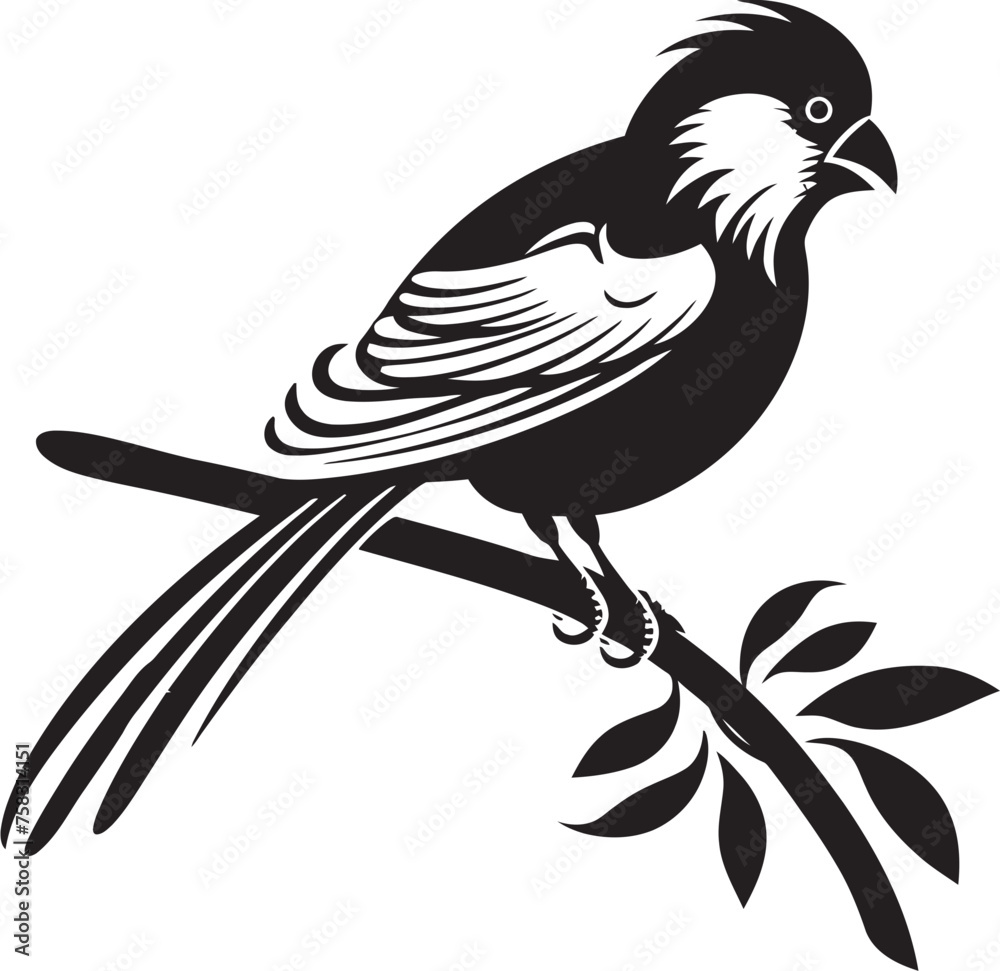 Naklejka premium Radiant Feathered Charm: Cute Tropical Bird on Branch Black Logo Vector Design Tranquil Rainforest Delight: Tropical Bird Perched on Branch Vector Black Logo Icon