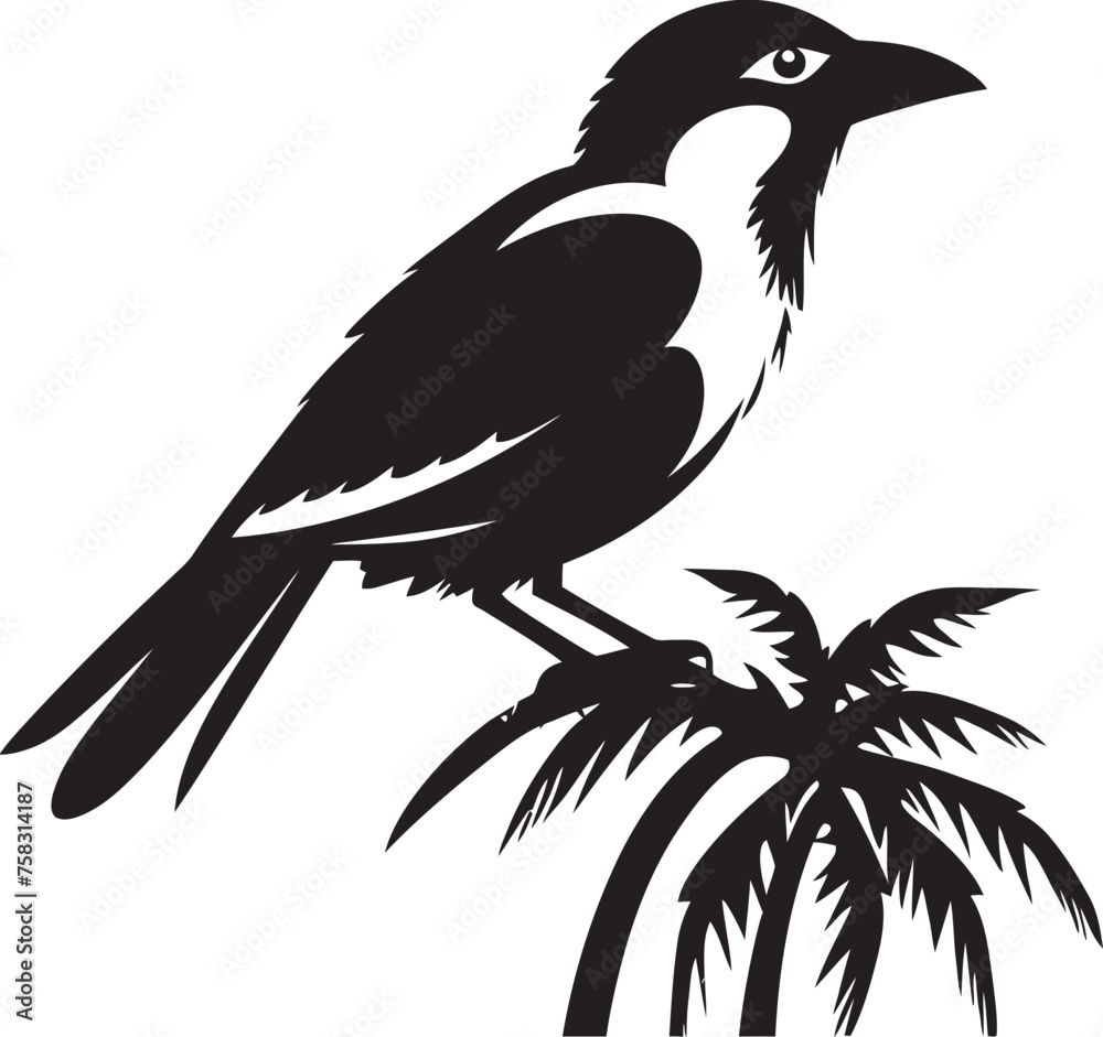 Fototapeta premium Radiant Jungle Majesty: Cute Tropical Bird on Branch Black Logo Vector Design Tranquil Feathered Harmony: Tropical Bird Perched on Branch Vector Black Logo Icon