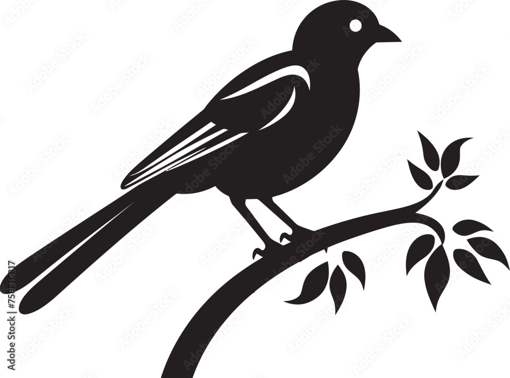Fototapeta premium Enchanted Rainforest Serenity: Tropical Bird on Branch Black Logo Vector Design Majestic Feathered Harmony: Cute Bird Perched on Branch Vector Black Logo Icon