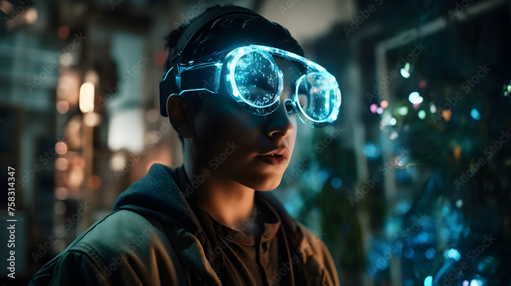 A young man wearing VR headset, playing with his goggles in a futuristic cyber world - Virtual reality, innovation and new technology abstract concept A young man wearing VR headset, playing with his goggles in a futuristic cyber world - Virtual reality, innovation and new technology abstract concept