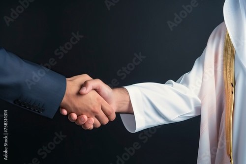 An Arab person shaking hands with a businessman, one color background , copy space - generative ai