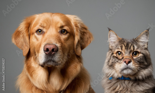 Happy panting Golden Retriever dog and blue Maine Coon cat looking at camera, Isolated on grey background