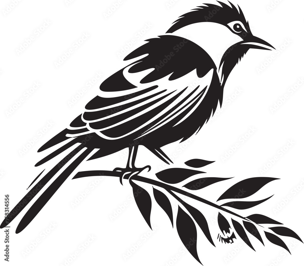 Fototapeta premium Exotic Plumage Symphony: Tropical Bird on Branch Black Logo Vector Design Paradise Avian Harmony: Cute Bird Perched on Branch Vector Black Logo Icon