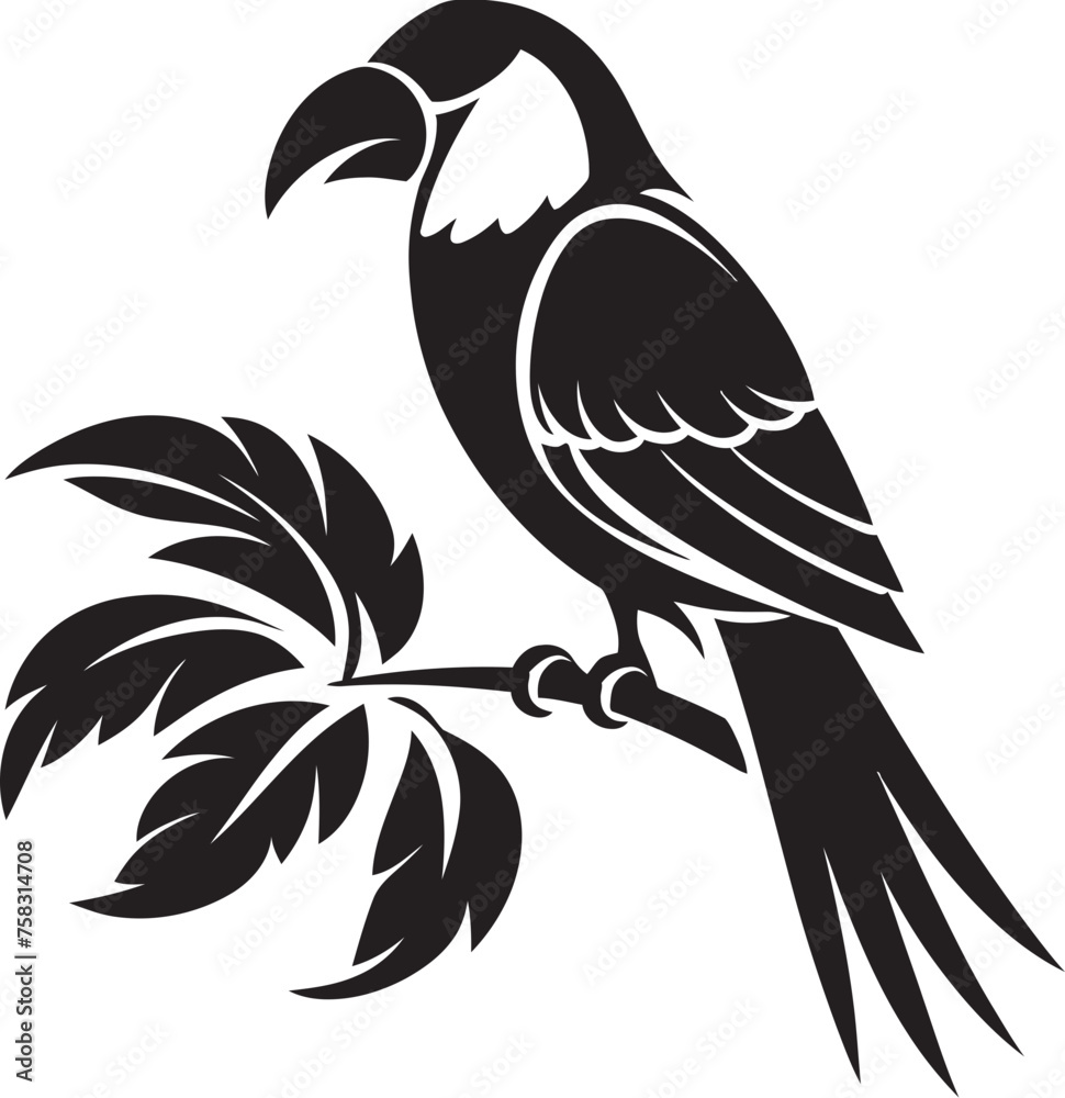 Obraz premium Tranquil Avian Beauty: Tropical Bird Black Logo Vector Exotic Jungle Symphony: Perched Bird Vector Logo Icon Design