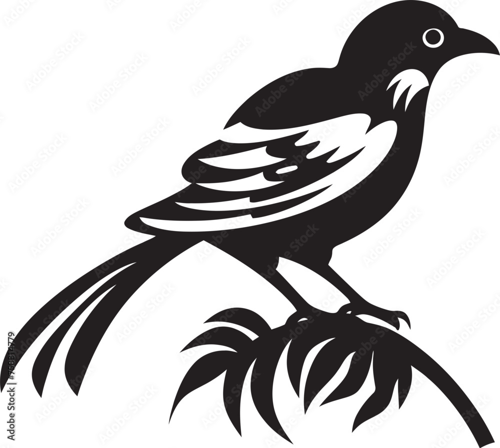 Naklejka premium Serene Plumage Symphony: Perched on Branch Vector Icon Design Enchanted Avian Haven: Tropical Bird Black Logo Vector