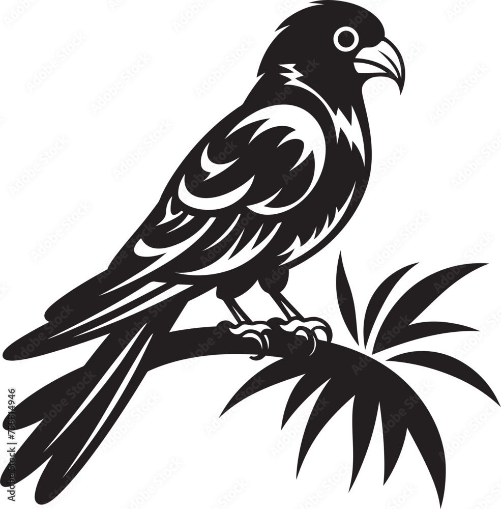 Fototapeta premium Vibrant Plumage Delight: Perched on Branch Vector Icon Design Tropical Tranquility: Avian Serenity Black Logo Vector