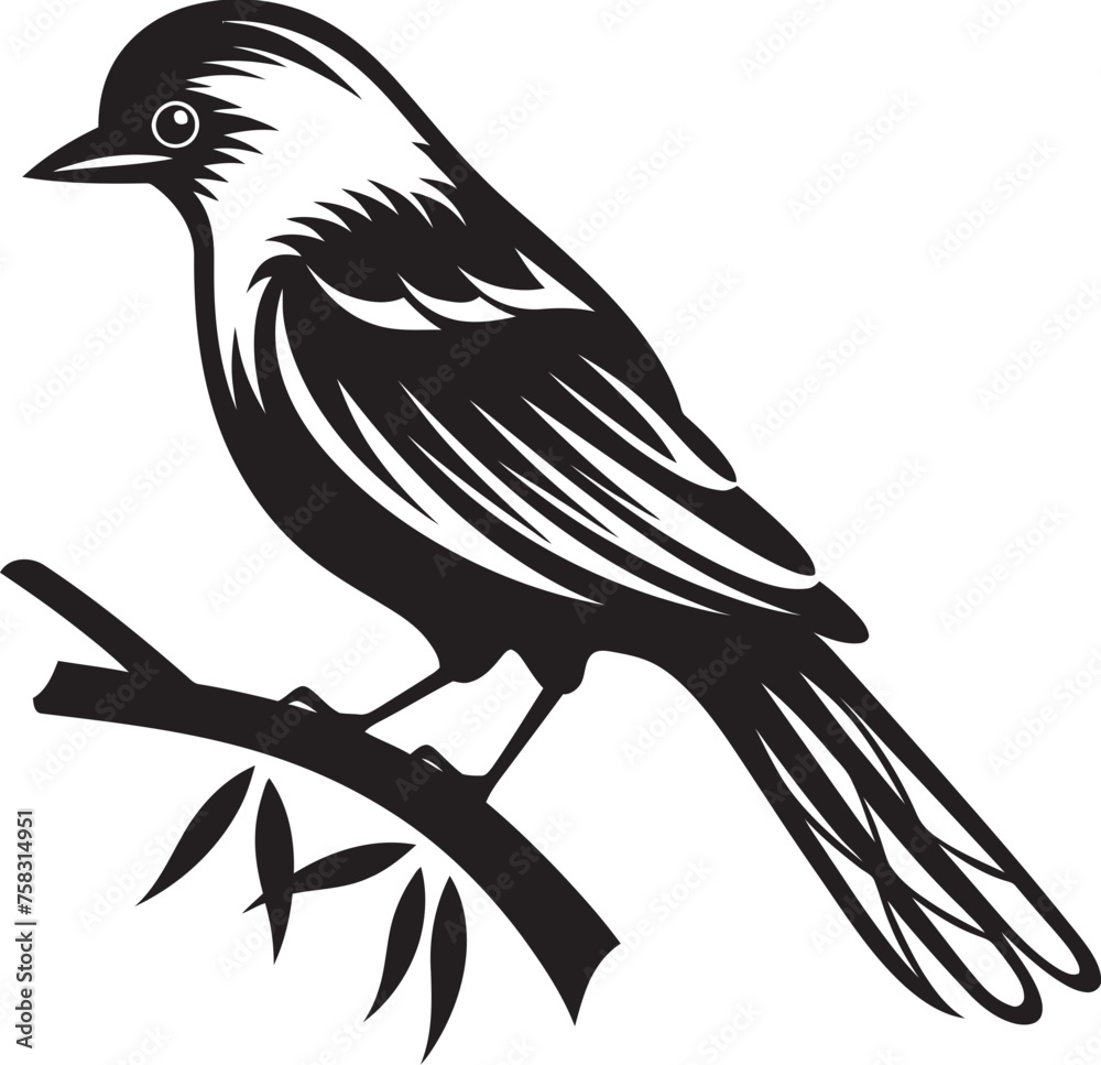 Fototapeta premium Serene Jungle Symphony: Perched Bird Vector Logo Icon Design Enchanted Rainforest Harmony: Tropical Bird Black Logo Vector