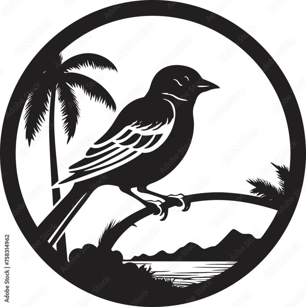 Fototapeta premium Tropical Tranquility: Avian Serenity Black Logo Vector Exquisite Jungle Charm: Perched Bird Vector Logo Icon Design