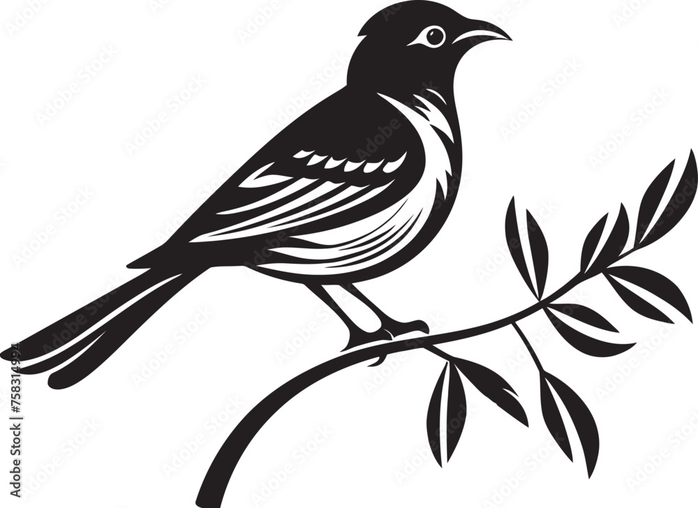 Fototapeta premium Whimsical Rainforest Majesty: Tropical Bird Black Logo Vector Majestic Avian Harmony: Perched on Branch Vector Icon Design
