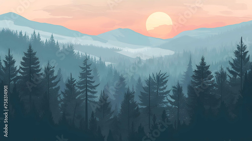 A serene and atmospheric misty landscape showcasing a dense fir forest in vintage V-52 style.