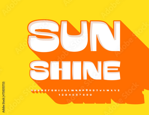 Vector Sunshine Font. Unique Stylish Alphabet with Big Orange Shadow. Trendy Letters and Numbers.