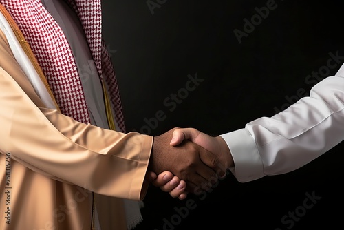 An Arab person shaking hands with a businessman, one color background , copy space - generative ai