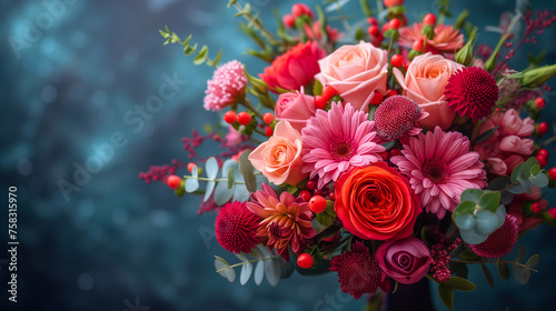 Beautiful bouquet of flowers on a dark blue background. Selective focus.