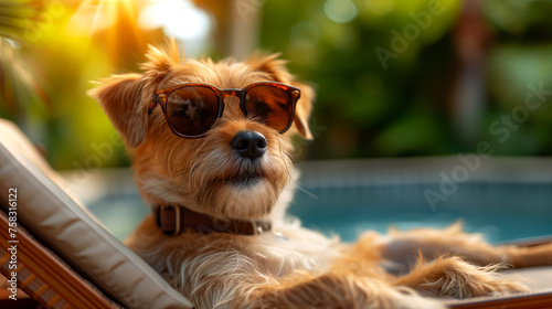 Cute dog with sunglasses relaxingchair at swimming pool. © Виктория Дутко