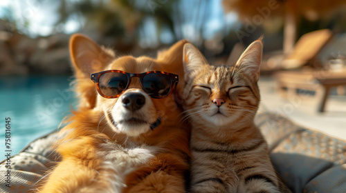 Cute red cat and dog in sunglasses lying near swimming pool.