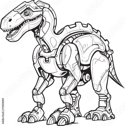 Cyber-Dino Badge: Vector Black Logo Icon Design Depicting Futuristic Reptile Robotics Mech-Rex Symbol: Black Logo Icon Design Illustrating Robotic Dinosaur Evolution in Vector Graphics © BABBAN