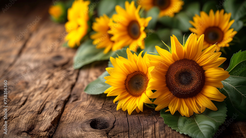 Fototapeta premium Beautiful sunflowers on rustic wooden background, selective focus