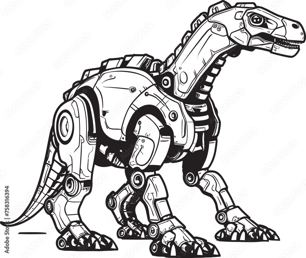 Fototapeta premium Cyber-Raptor Insignia: Black Logo Icon Design Featuring Robot Dino in Vector Format Robo-Saur Badge: Vector Black Logo Icon Design for Tech Enthusiasts