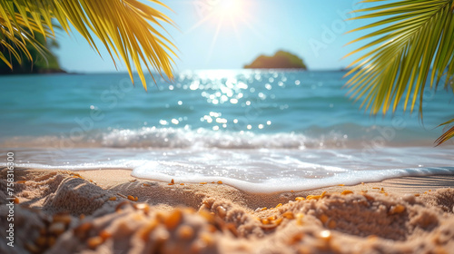 Tropical beach with palm leaves, sand and sea. Summer vacation concept