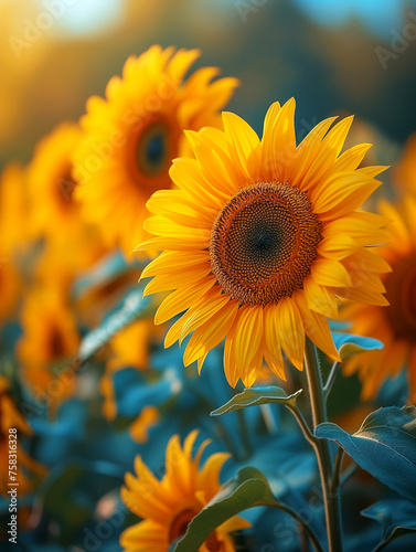 Sunflowers in the field at sunset. Shallow depth of field