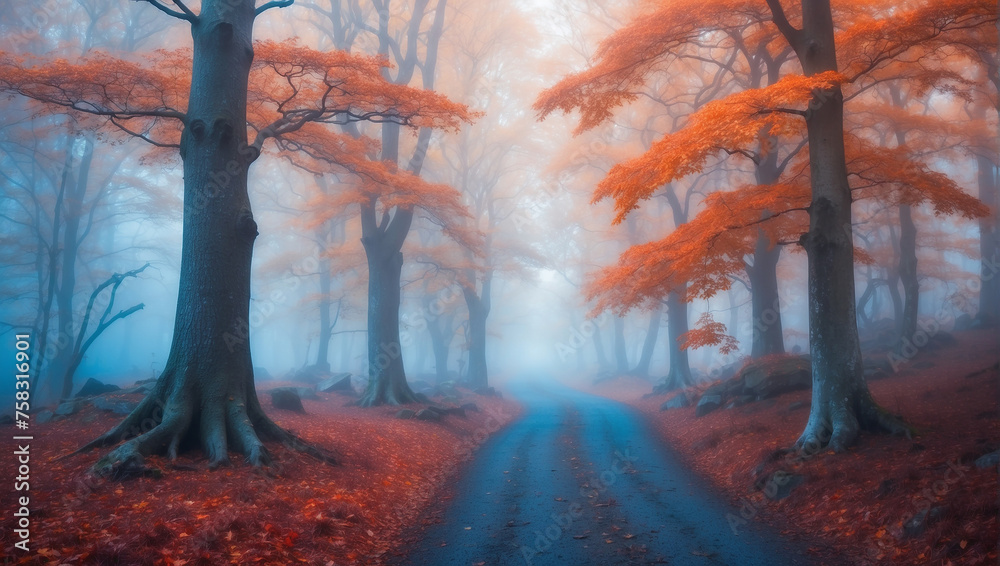 A road through a foggy forest.