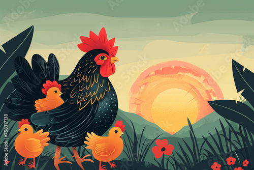 Cartoon illustration of a hen and her chicks at sunrise on the farm