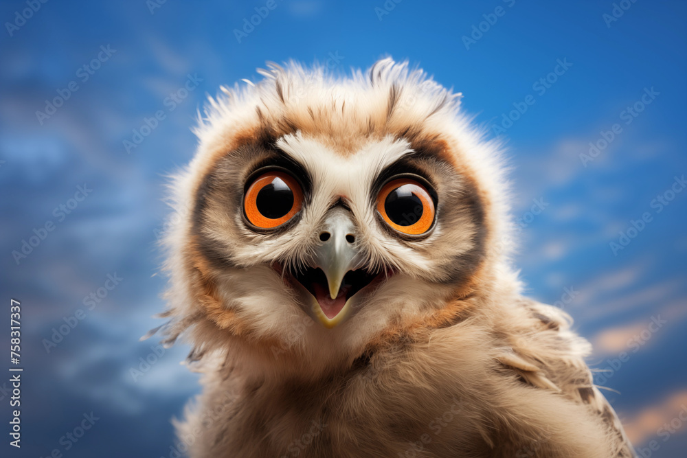 Fototapeta premium A portrait of a tiny owl against a backdrop of blue sky, showcasing its adorable features and natural habitat. This enchanting image captures the beauty and majesty of these nocturnal creatures