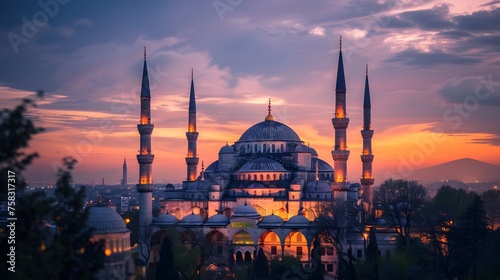 Breathtaking Sunset View of the Blue Mosque in Istanbul - Generative AI