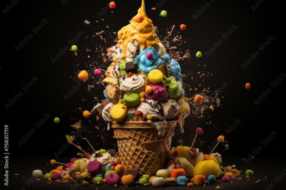Delicious soft serve ice cream with sprinkles and toppings exploding in a waffle cone
