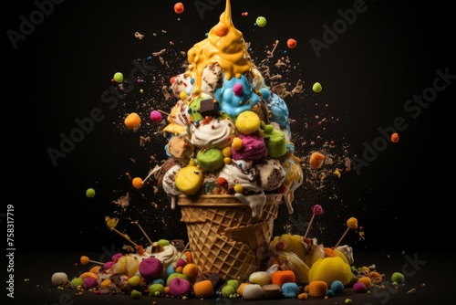 Delicious soft serve ice cream with sprinkles and toppings exploding in a waffle cone