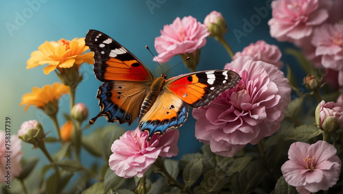 A butterfly with orange, black, and blue wings is perched on a pink flower. There are other flowers in the background.