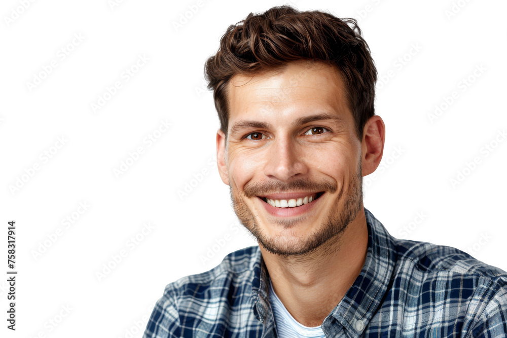 Studio portrait of a handsome young white Americana man with a beautiful smile wearing casual outfits looking at camera, isolated on transparent png background.