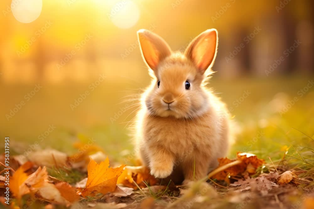 A tiny, adorable bunny sits among autumn leaves, its soft fur glowing in the warm, golden sunlight of the fall season. A tiny, adorable bunny sits among autumn leaves, its soft fur glowing in the warm, golden sunlight of the fall season.
