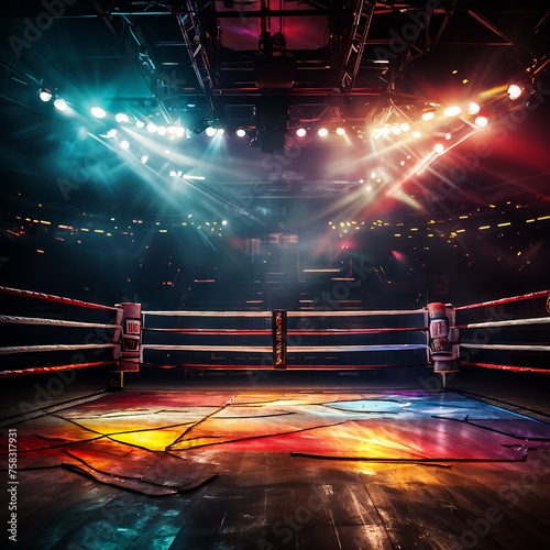 Spotlights shining on a martial arts Boxing ring inside a wrestling stadium Indoor Sports Entertainment Theater Competition © Kevin S.