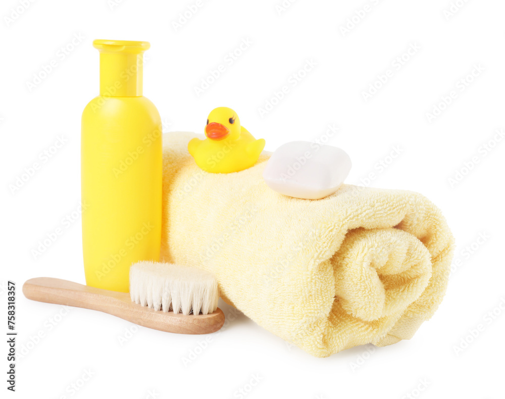 Baby cosmetic products, bath duck, brush and towel isolated on white Baby cosmetic products, bath duck, brush and towel isolated on white