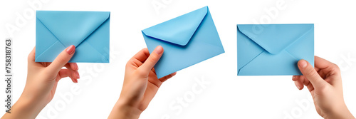 Set of hands hold a blue envelope on a white or transparent background. Close-up of a hand holding a paper envelope. To be inserted into a design or project.
