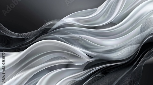 Abstract representations of smooth, flowing fabric with a color palette ranging from black to various shades of gray and white, the texture appears silky with a reflective surface