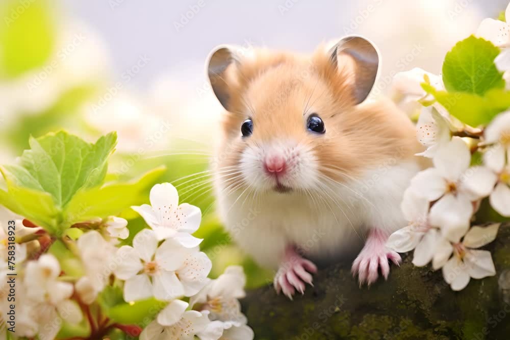 An adorable hamster peeks out among white spring flowers, its big eyes and fluffy fur surrounded by fresh green leaves and blossoms. An adorable hamster peeks out among white spring flowers, its big eyes and fluffy fur surrounded by fresh green leaves and blossoms.