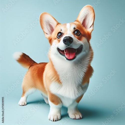Full Body Portrait of Excited Cute Corgi Dog With Tongue Sticking Out And Smiling Looking At Camera On Solid Pastel Blue Background photo