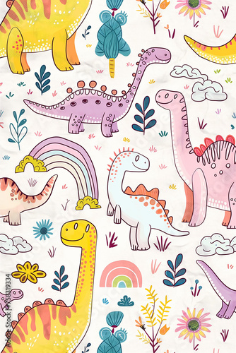 Dinosaurs and Flowers Pattern on White Background