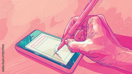 Close-up of a hand using a stylus to draw on a digital tablet, showcasing the process of digital art creation photo