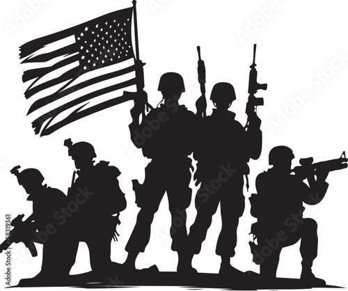 Silhouettes of American soldiers with guns and backpacks
