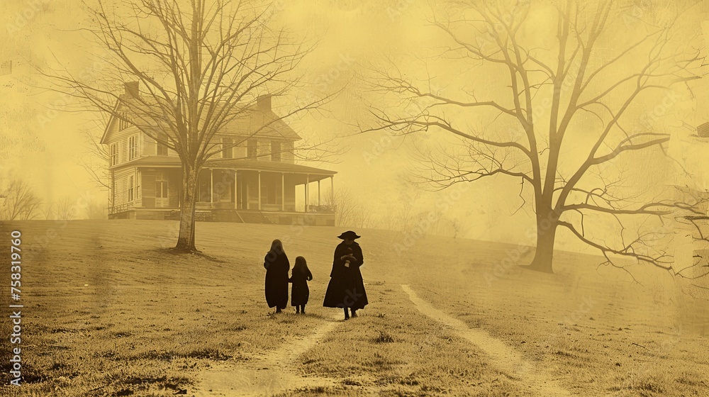 A family walks towards a wooden house. The scene is somber and quiet. An imitation of a Victorian style photograph. Digital art. Illustration for cover, card, postcard, interior design, decor, etc. A family walks towards a wooden house. The scene is somber and quiet. An imitation of a Victorian style photograph. Digital art. Illustration for cover, card, postcard, interior design, decor, etc.