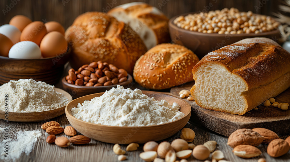 Assortment of different pastry and ingredients for bread, white flour in wooden bowls, eggs and grains. Generative AI Assortment of different pastry and ingredients for bread, white flour in wooden bowls, eggs and grains. Generative AI